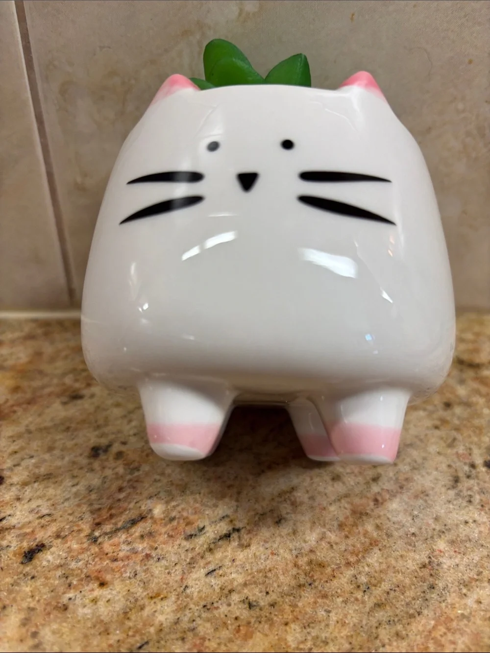 Cute White Cat Planter with Pink Ears & Faux Succulent